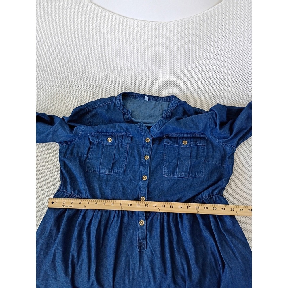Blue Denim Cottagecore Button Front Midi Shirt Dress w/ Pockets 2XL 75% Cotton - Picture 7 of 13